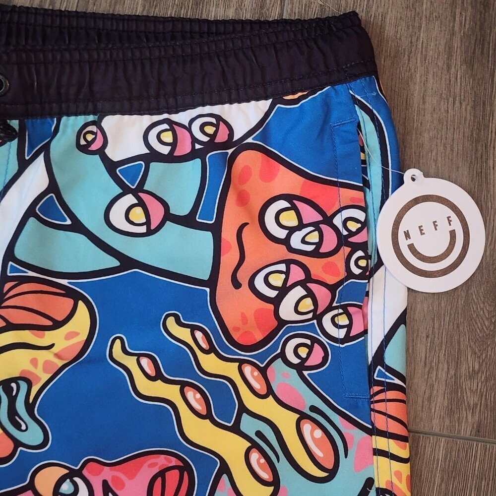 Neff Swim Trunks Shorts Mens Large Psychedelic Mushroom Print Drawstring Pocket - Picture 3 of 13